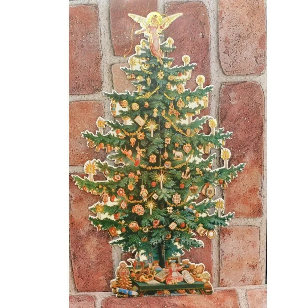 Set Of 6 Cardboard Die Cut Victorian Christmas Trees Ready To Hang 1 Santa Fan
